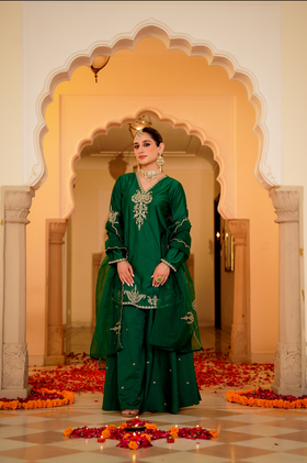 Emerald Green Satoori Silk Garara Suit Set