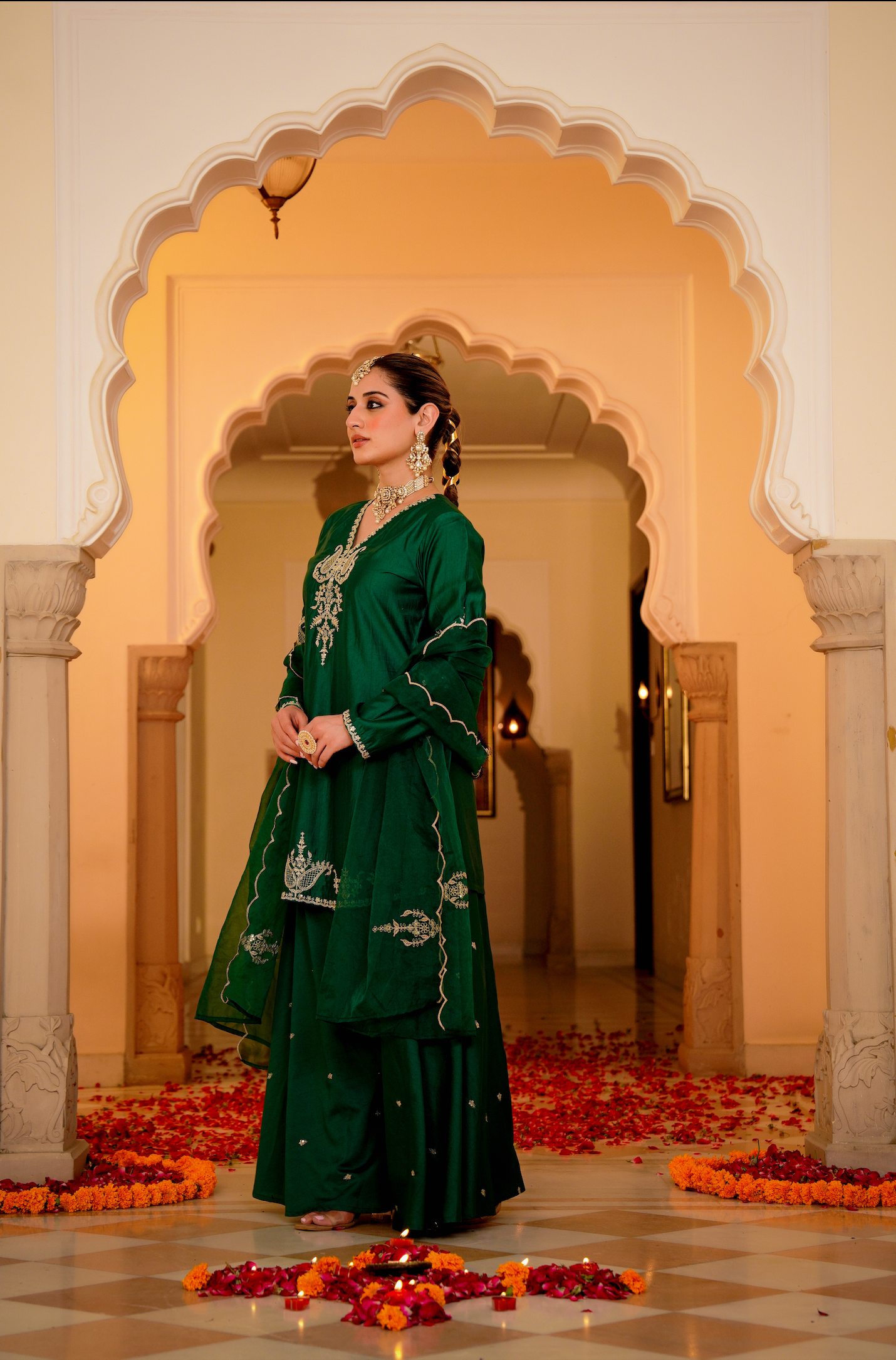 Emerald Green Satoori Silk Garara Suit Set