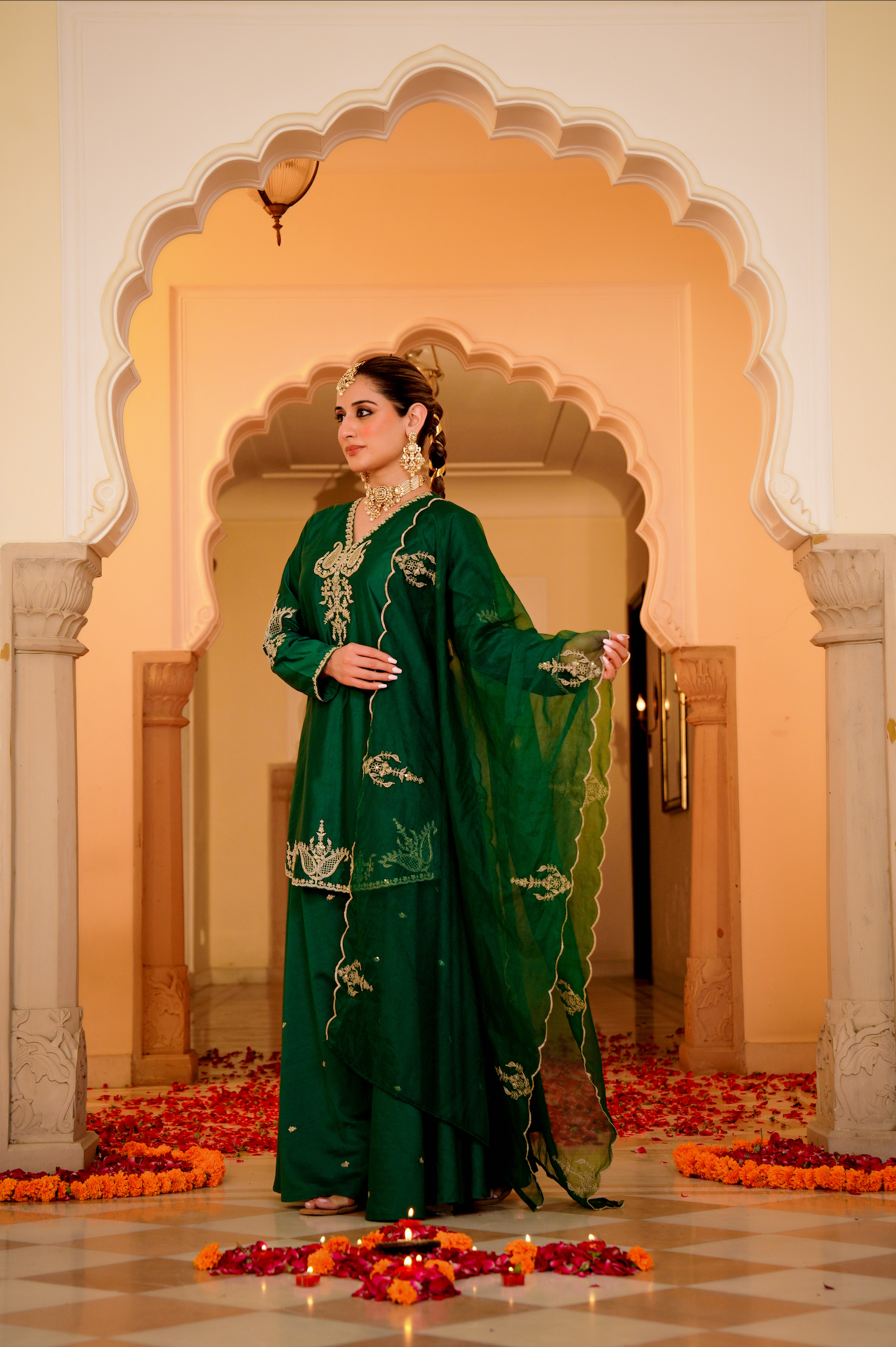 Emerald Green Satoori Silk Garara Suit Set