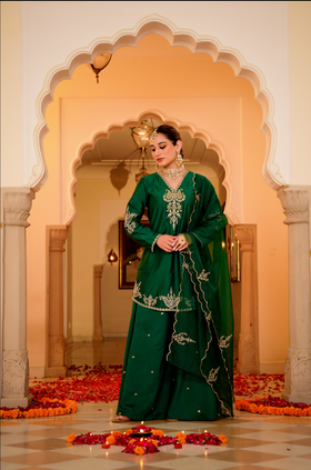 Emerald Green Satoori Silk Garara Suit Set