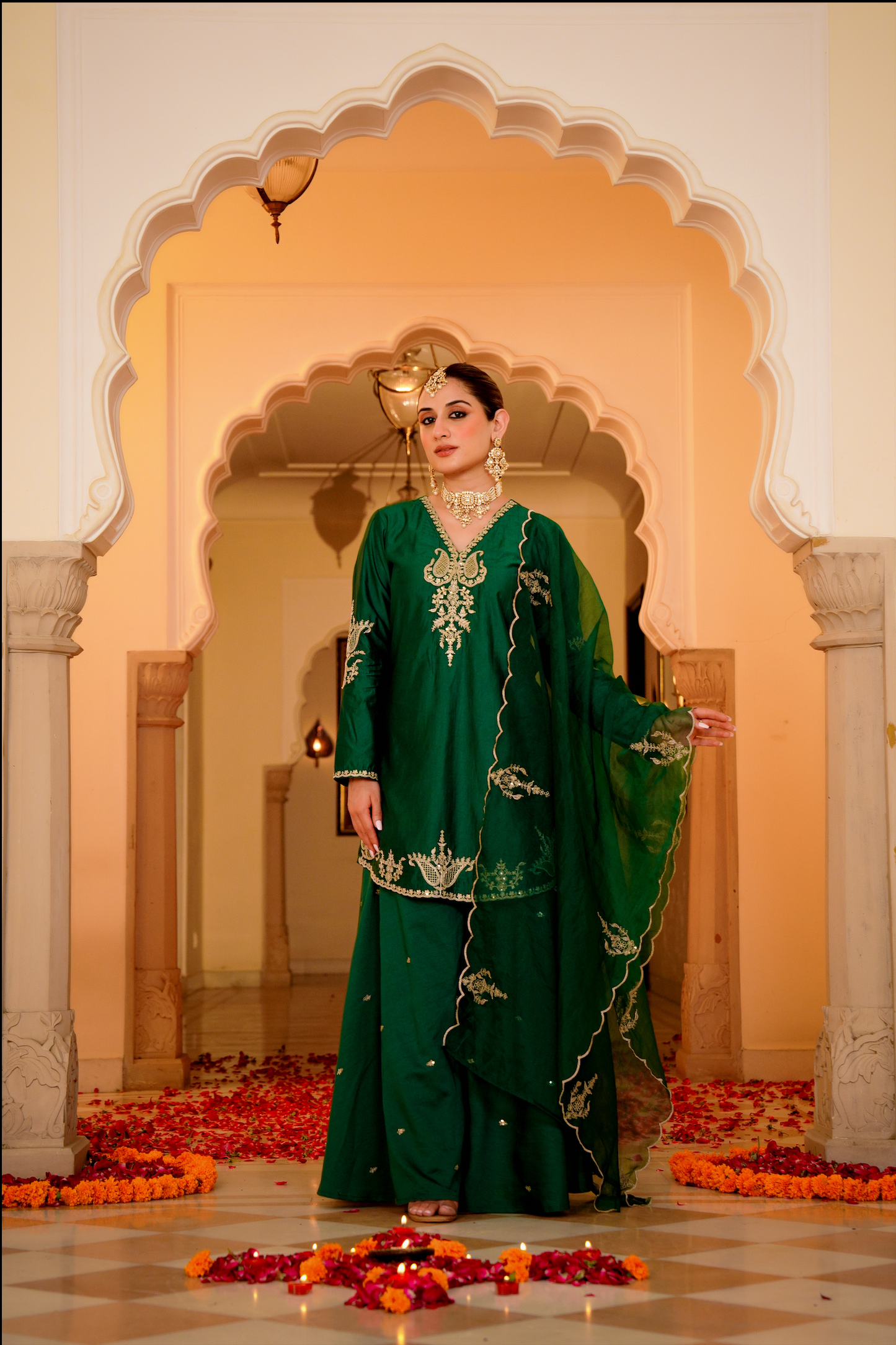 Emerald Green Satoori Silk Garara Suit Set