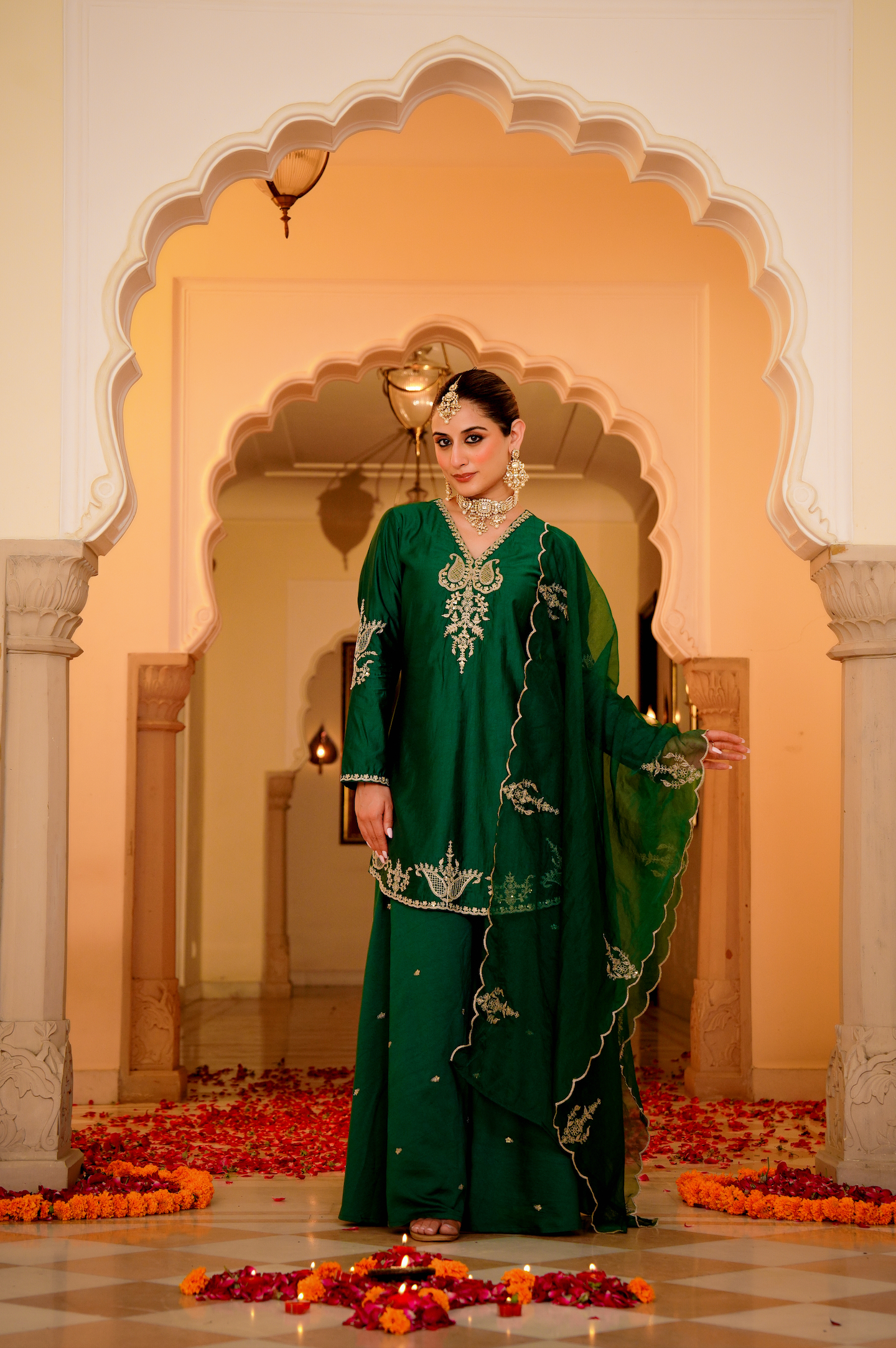Emerald Green Satoori Silk Garara Suit Set