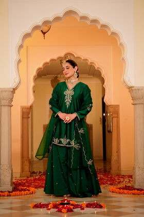 Emerald Green Satoori Silk Garara Suit Set