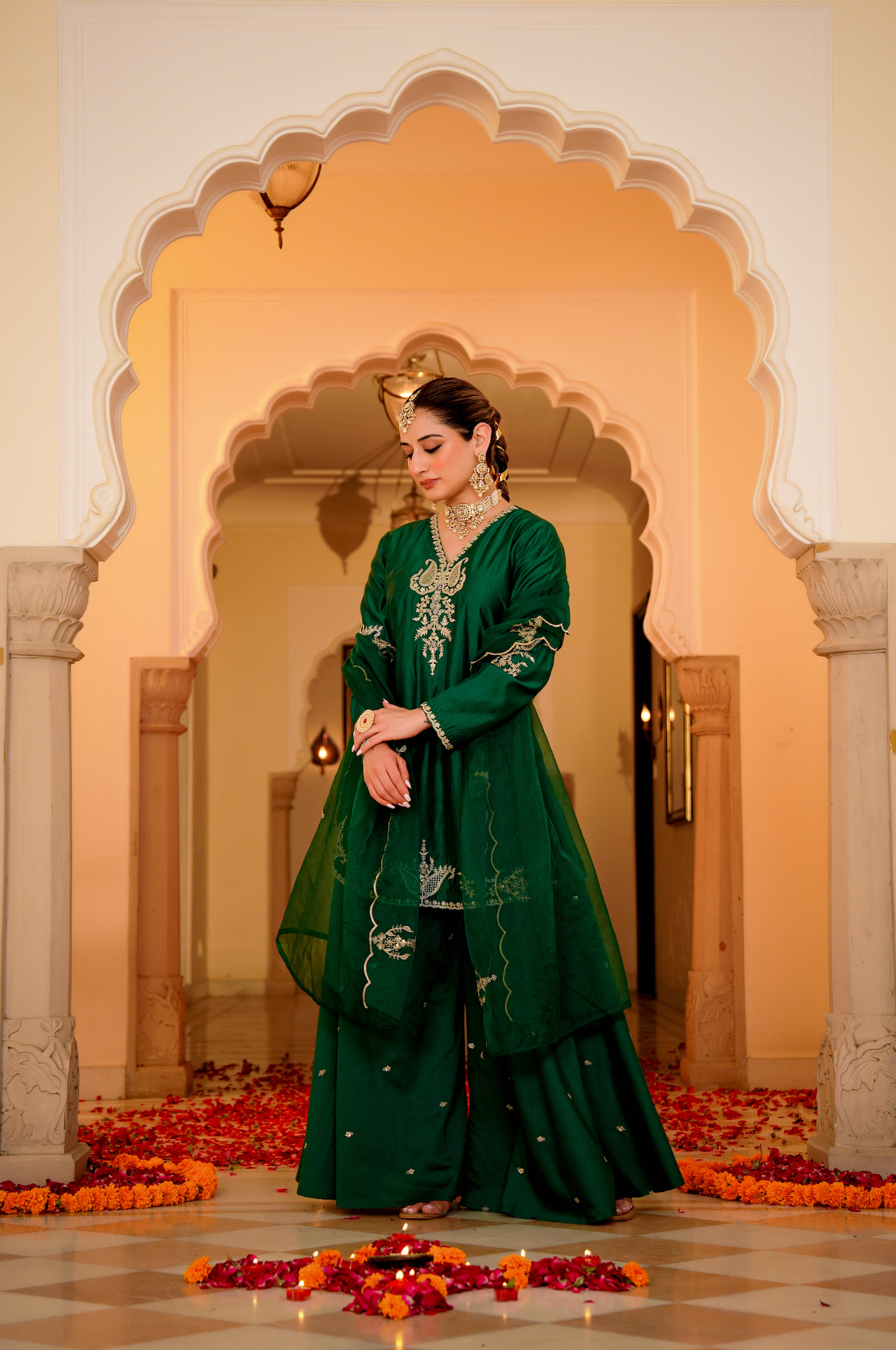 Emerald Green Satoori Silk Garara Suit Set