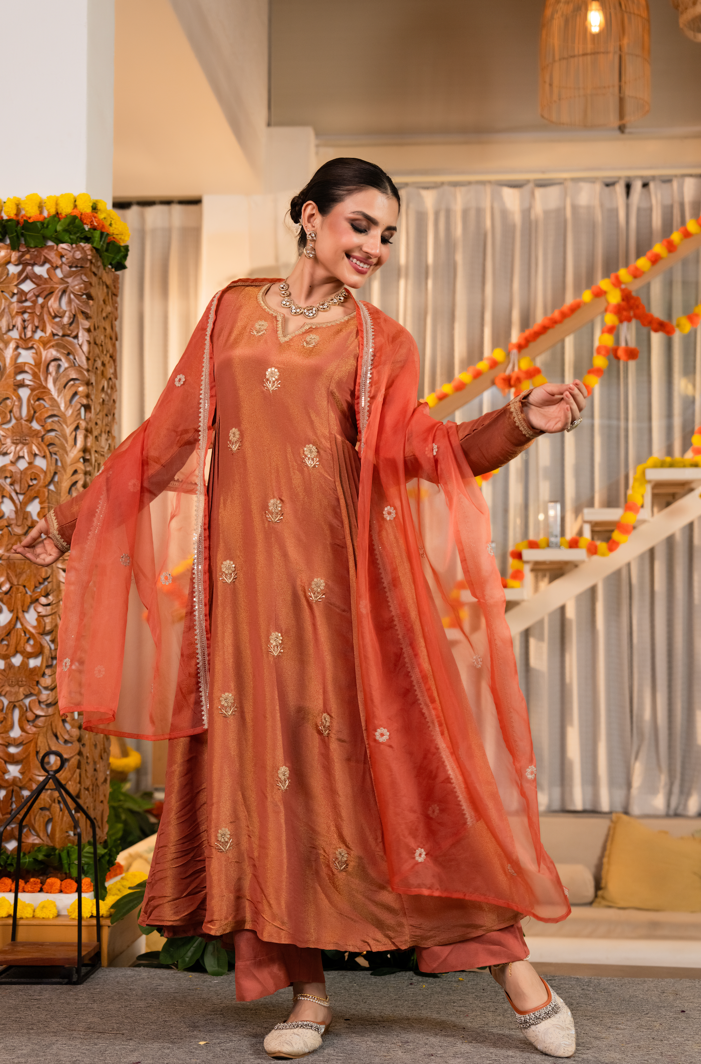 Warm Coral-Peach Nazakat Tissue Suit Set