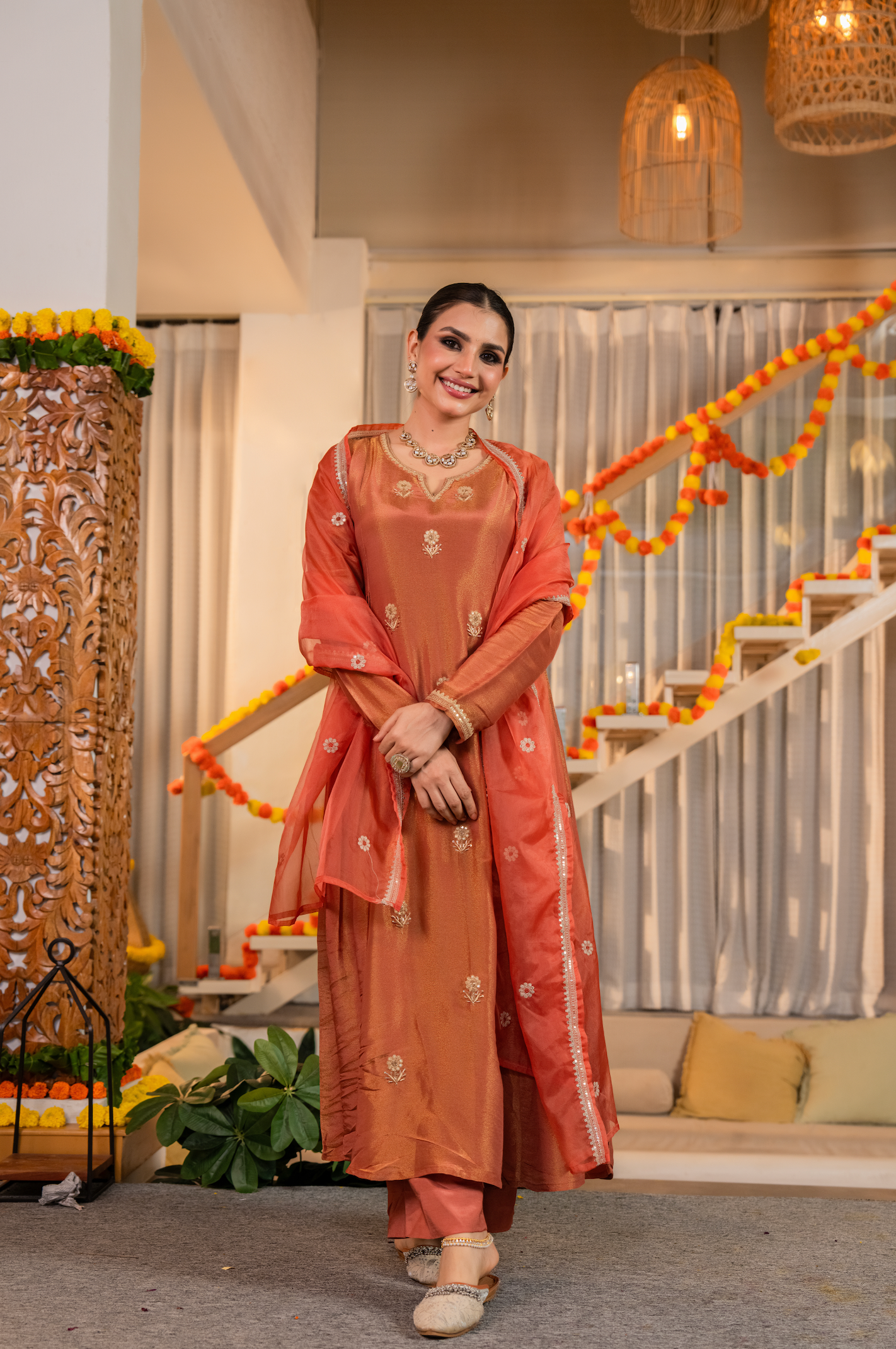 Warm Coral-Peach Nazakat Tissue Suit Set