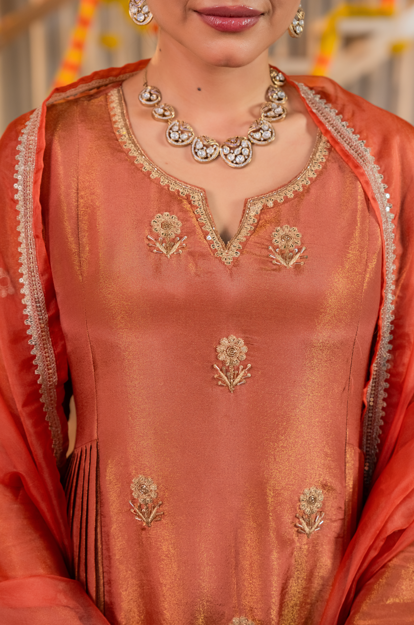 Warm Coral-Peach Nazakat Tissue Suit Set