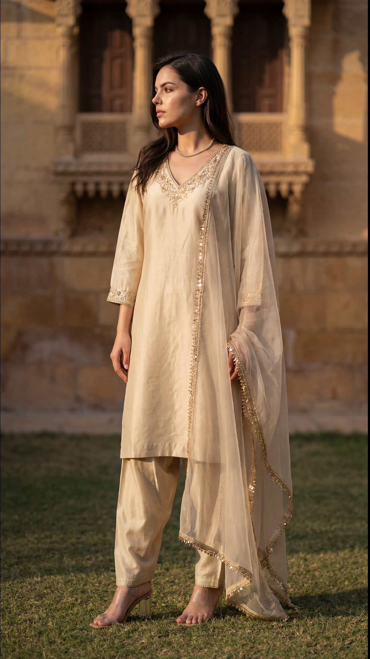 Ivory Bloom Chanderi Suit Set
