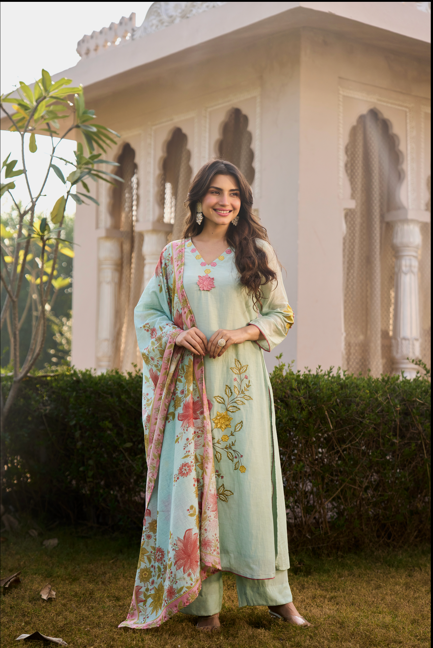 Mint Blossom Chanderi Suit Set