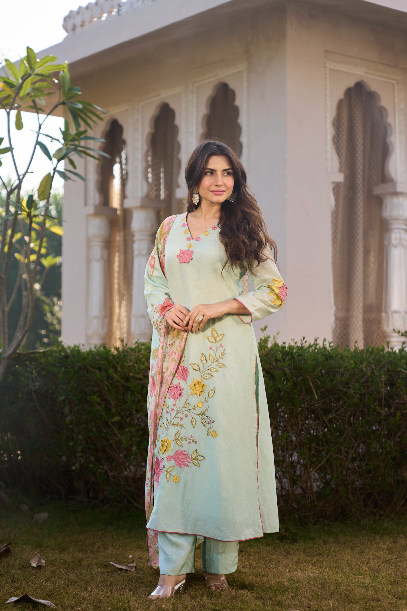 Mint Blossom Chanderi Suit Set