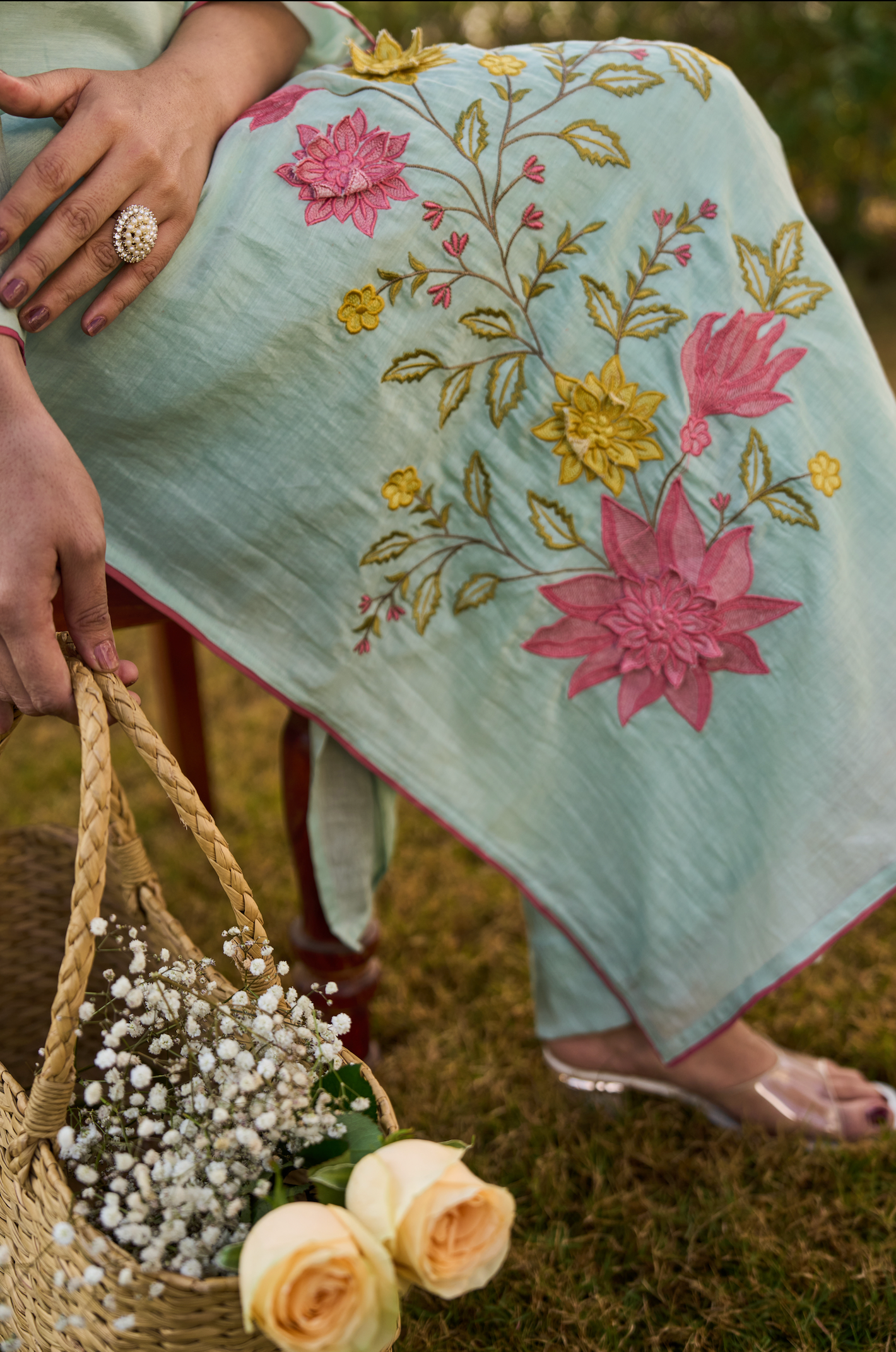 Mint Blossom Chanderi Suit Set
