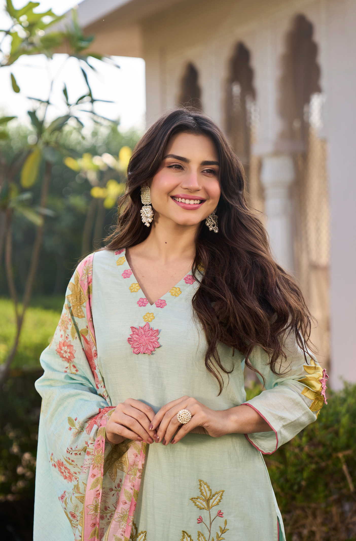 Mint Blossom Chanderi Suit Set