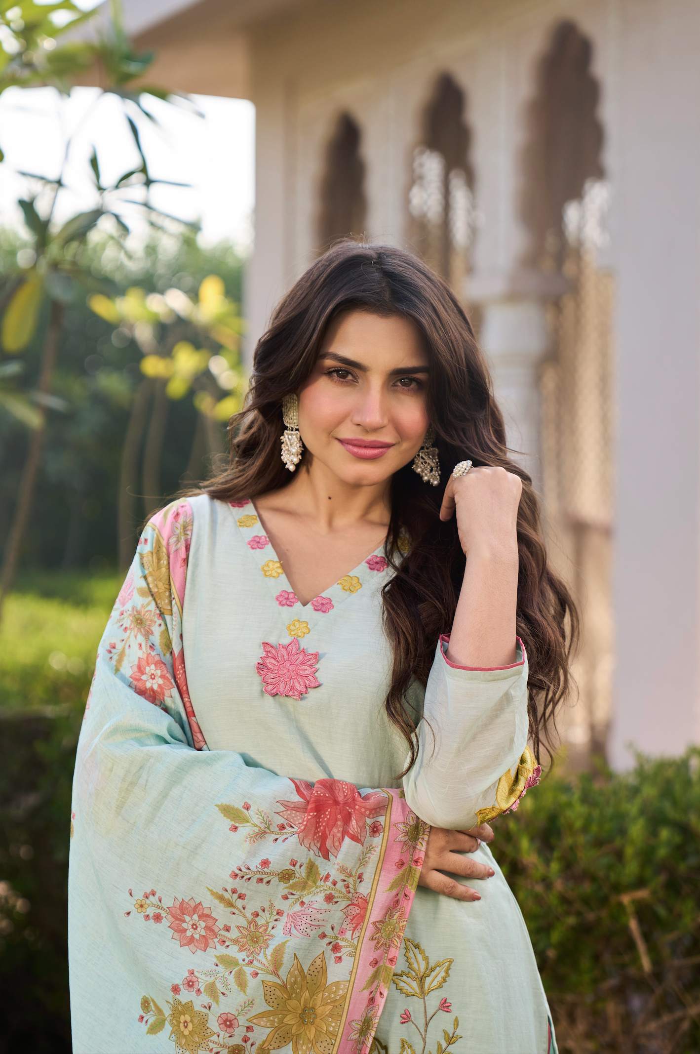 Mint Blossom Chanderi Suit Set