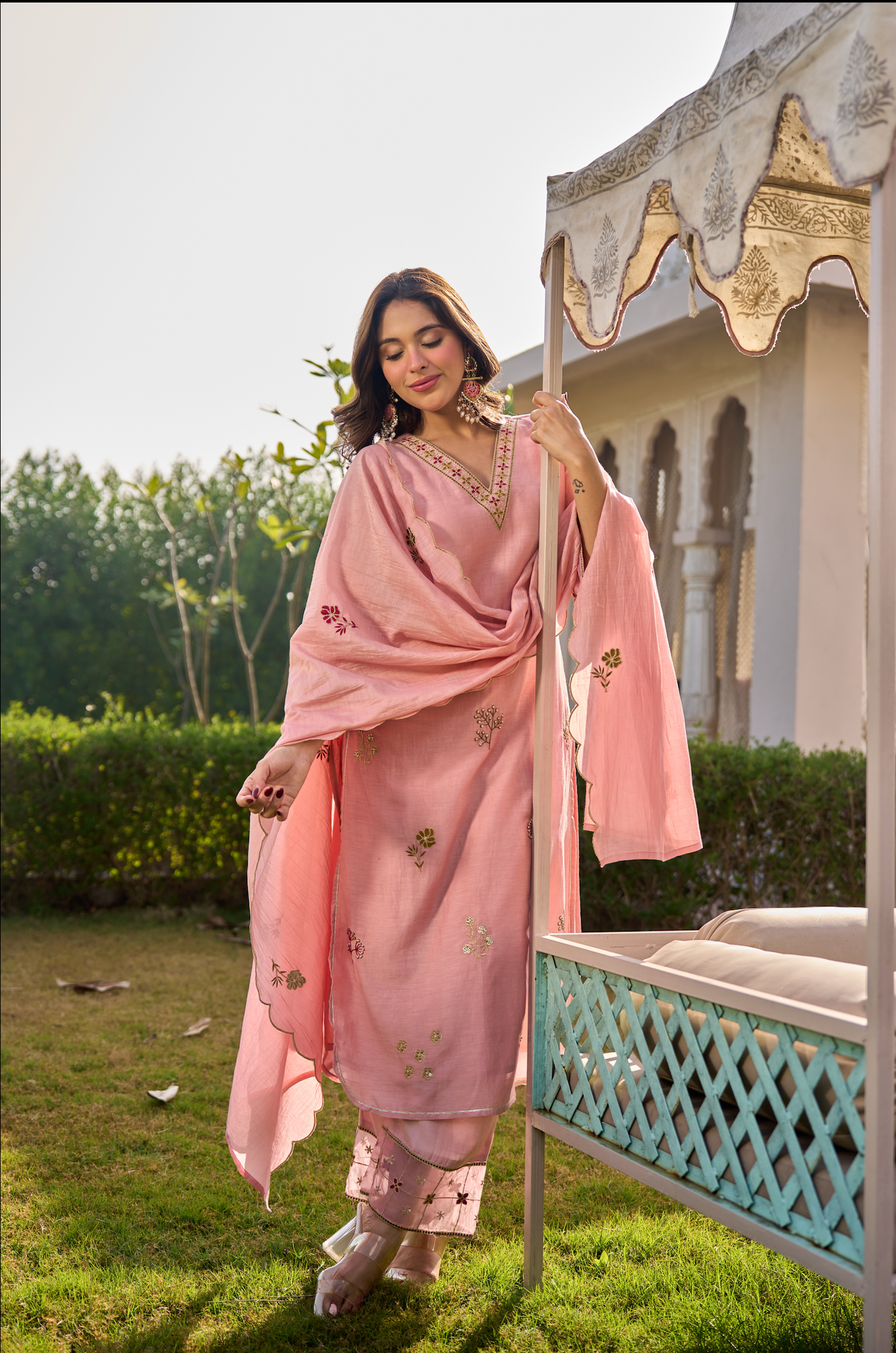 Blush Rose Chanderi Embroidered Suit Set