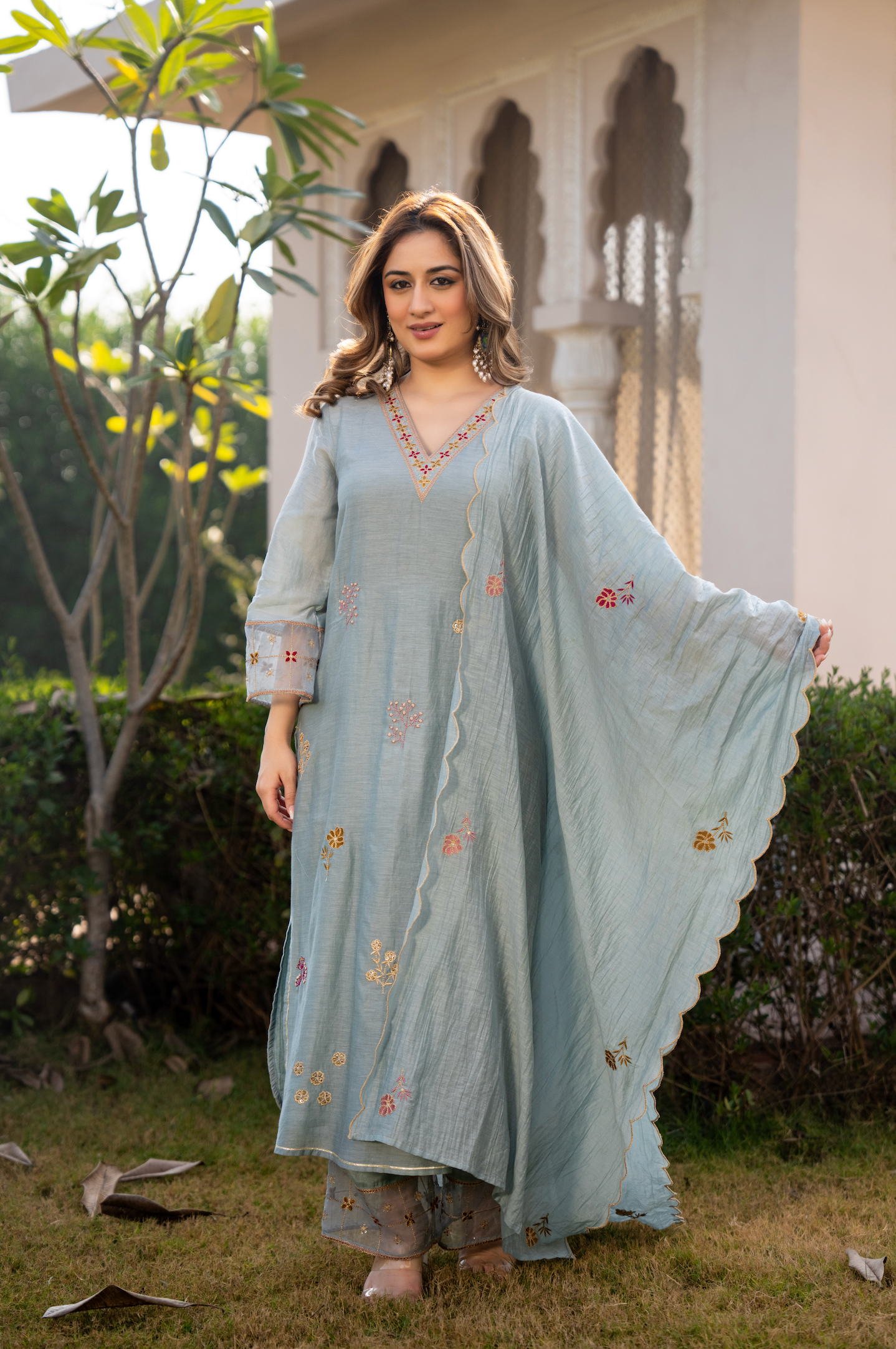 Sky Mist Chanderi Ensemble Suit Set