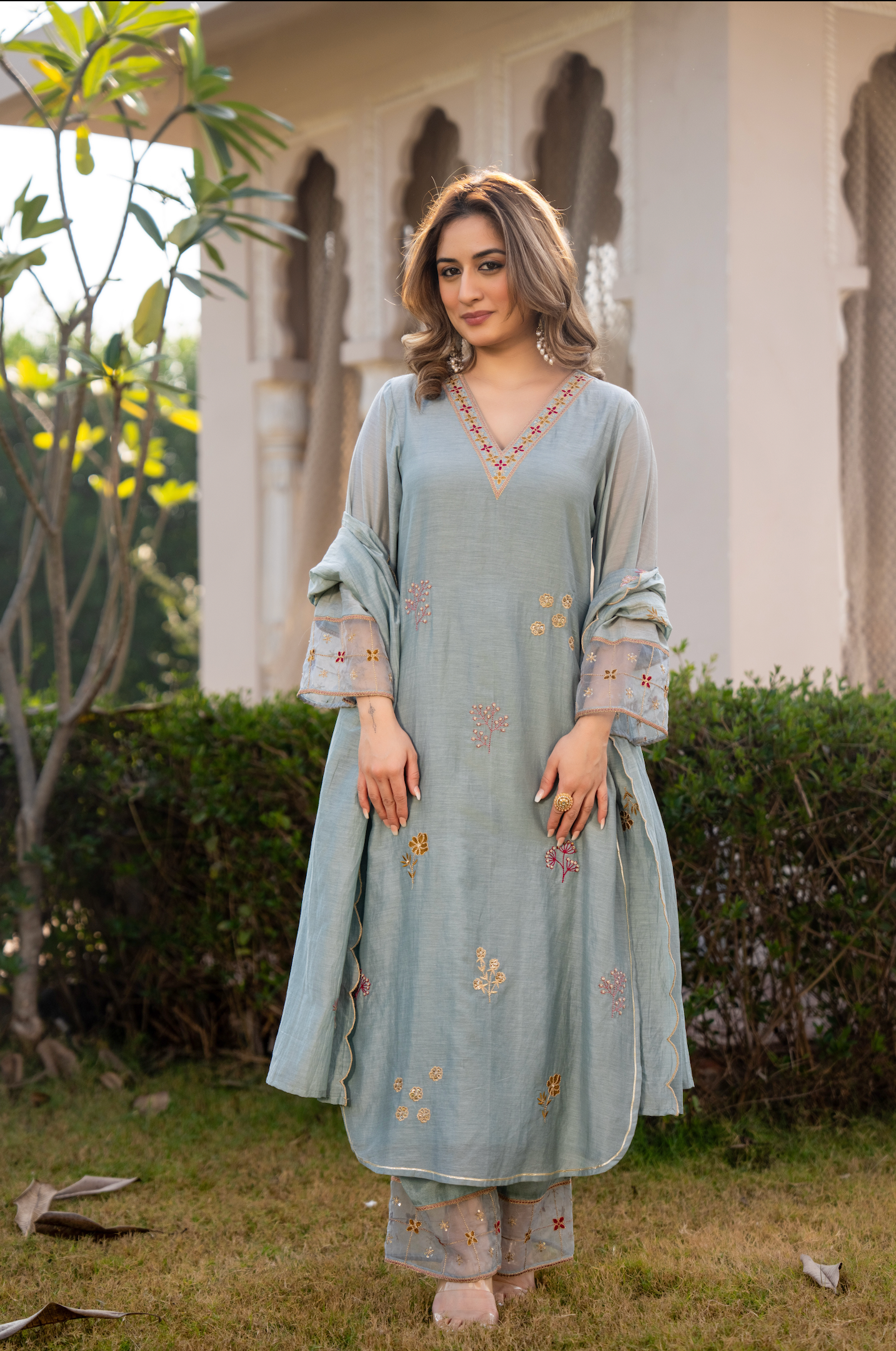 Sky Mist Chanderi Ensemble Suit Set