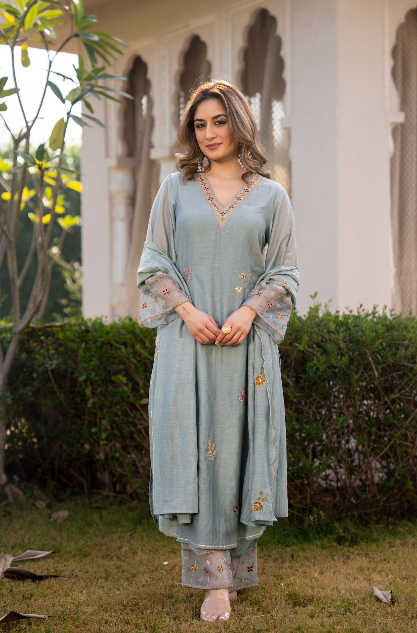 Sky Mist Chanderi Ensemble Suit Set