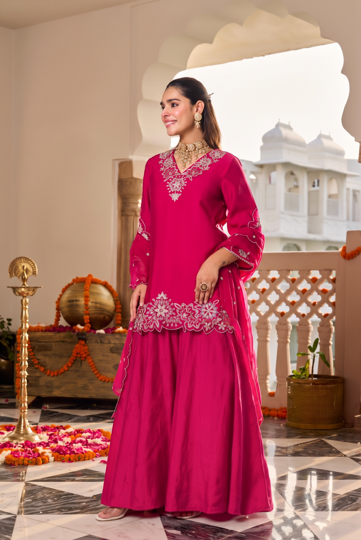Fuchsia Pink Embroidered Suit Set