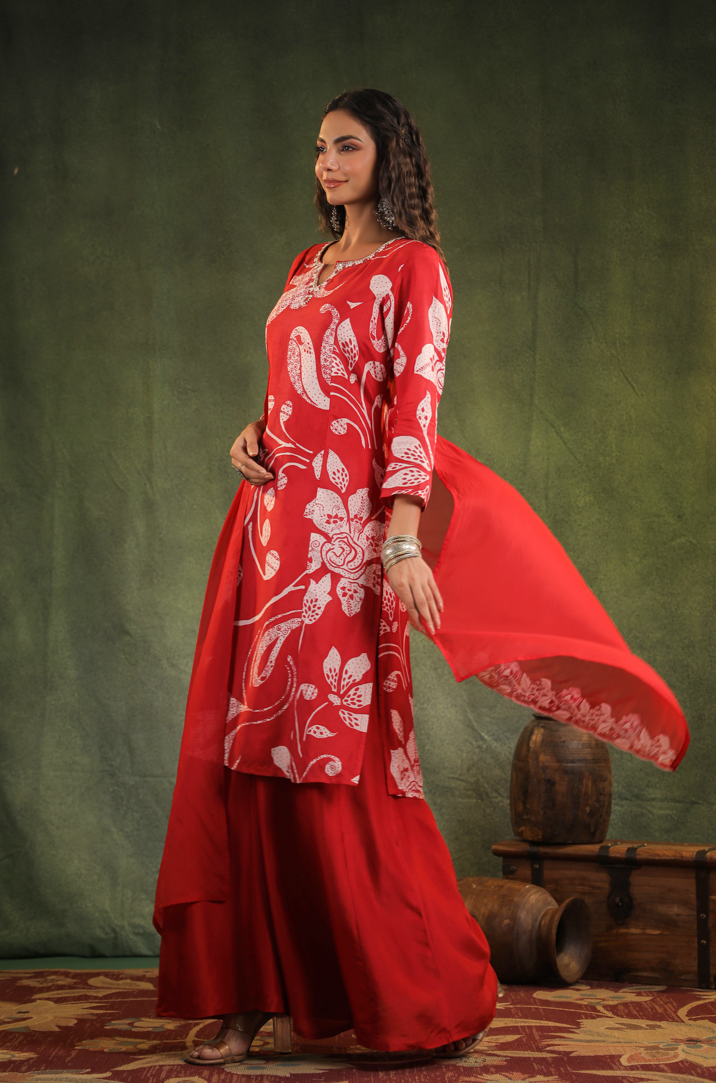Scarlet Red Chinnon kurti Set