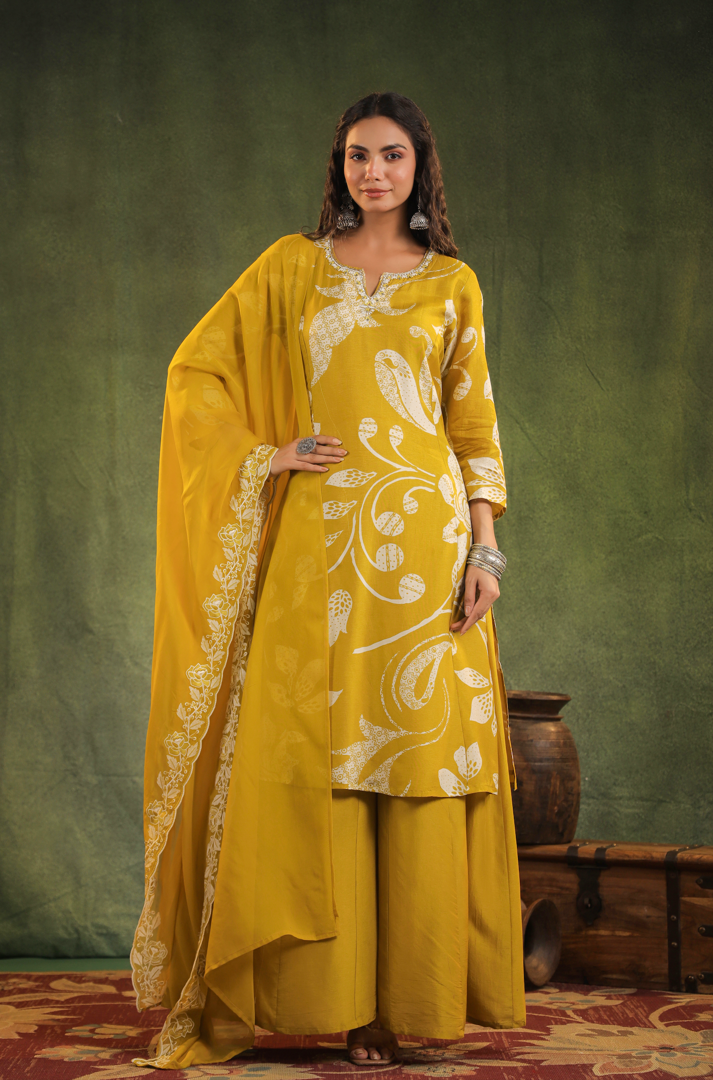 Mustard Yellow Chinnon Kurti Set