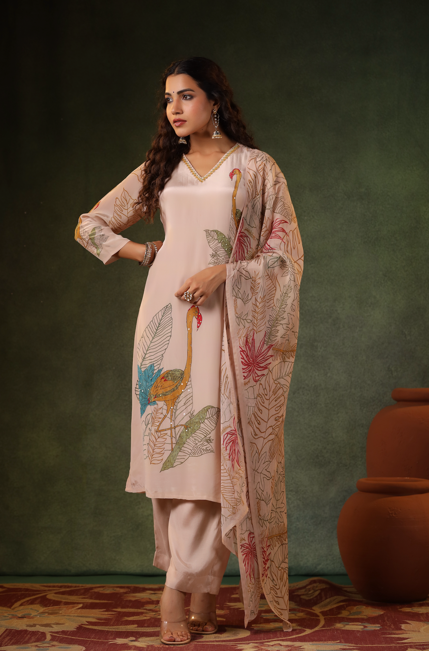Salmon Pink Printed Suit Set