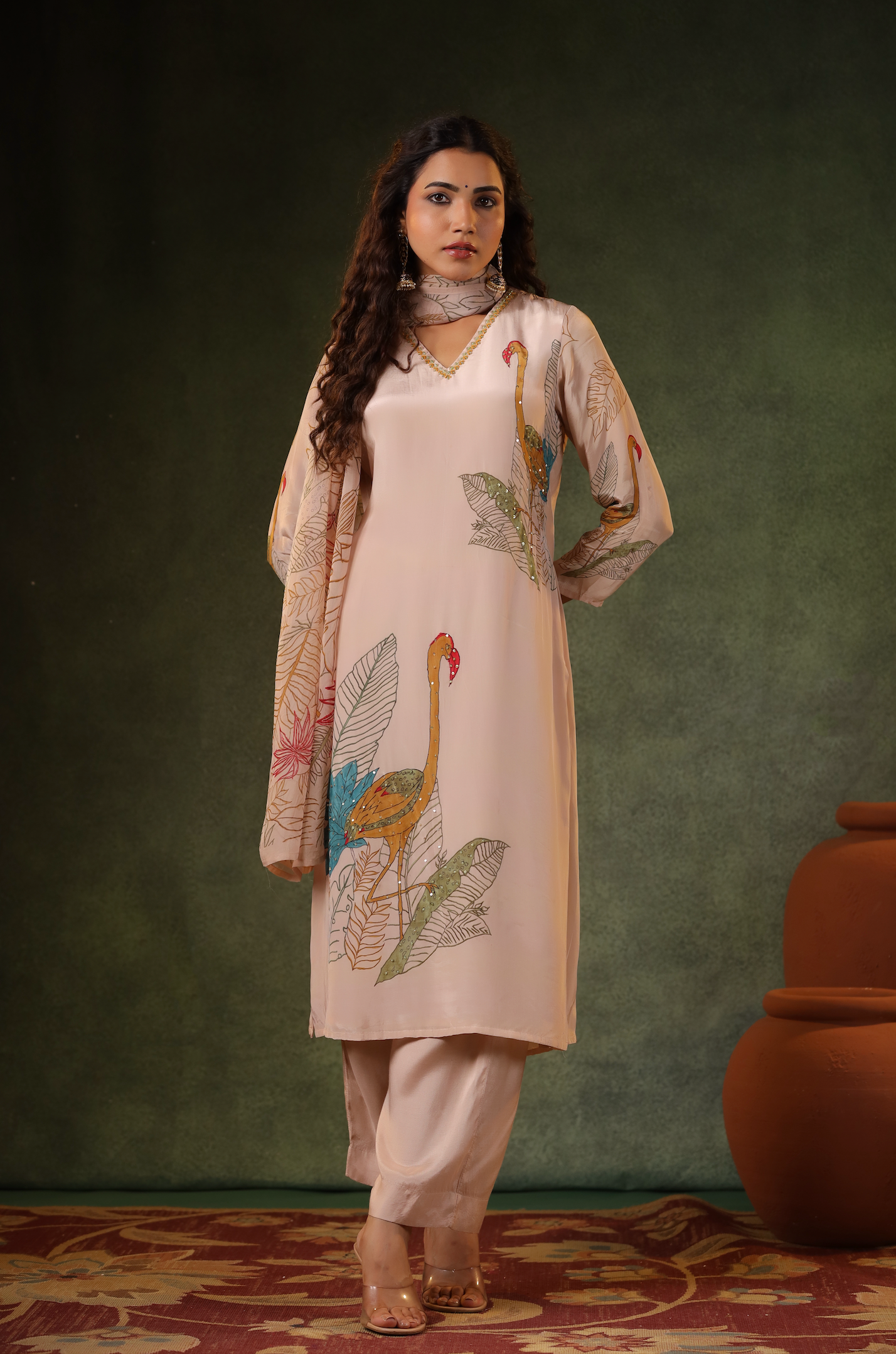 Salmon Pink Printed Suit Set
