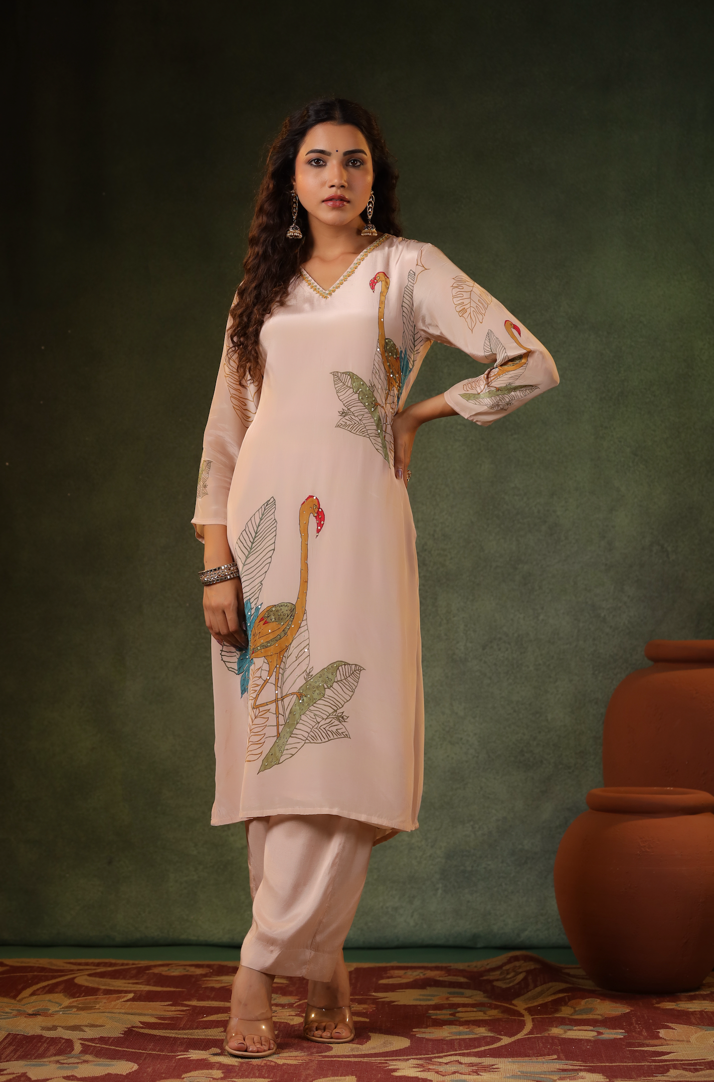 Salmon Pink Printed Suit Set