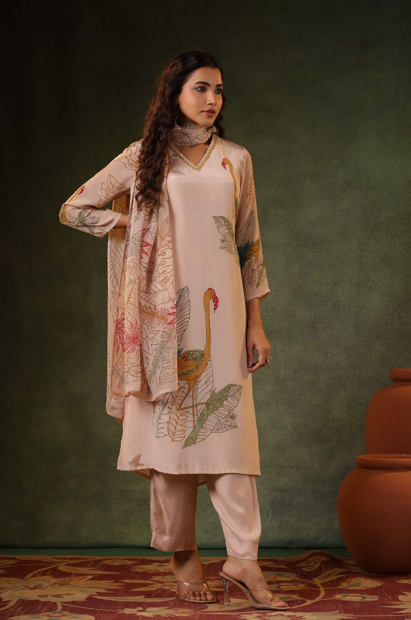 Salmon Pink Printed Suit Set