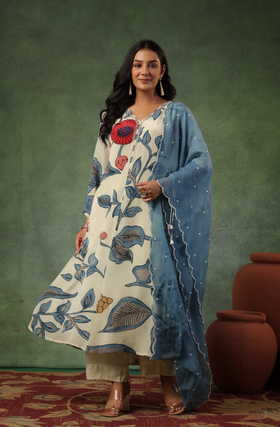 Cream Shades Of Blue Suit Set