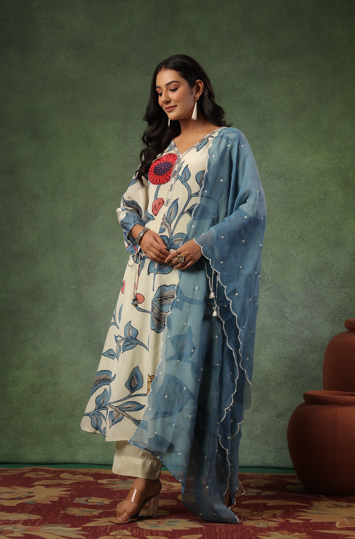 Cream Shades Of Blue Suit Set