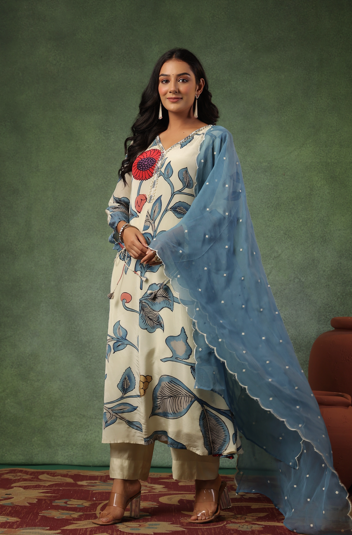 Cream Shades Of Blue Suit Set