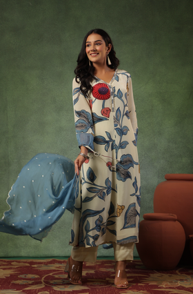 Cream Shades Of Blue Suit Set