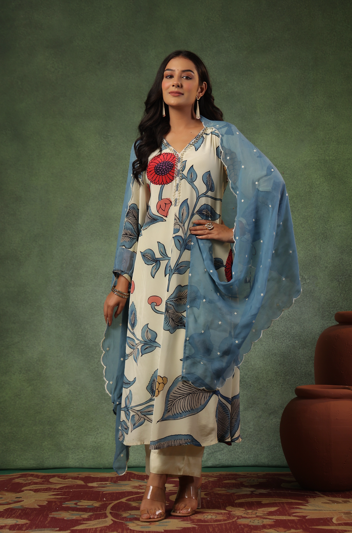 Cream Shades Of Blue Suit Set