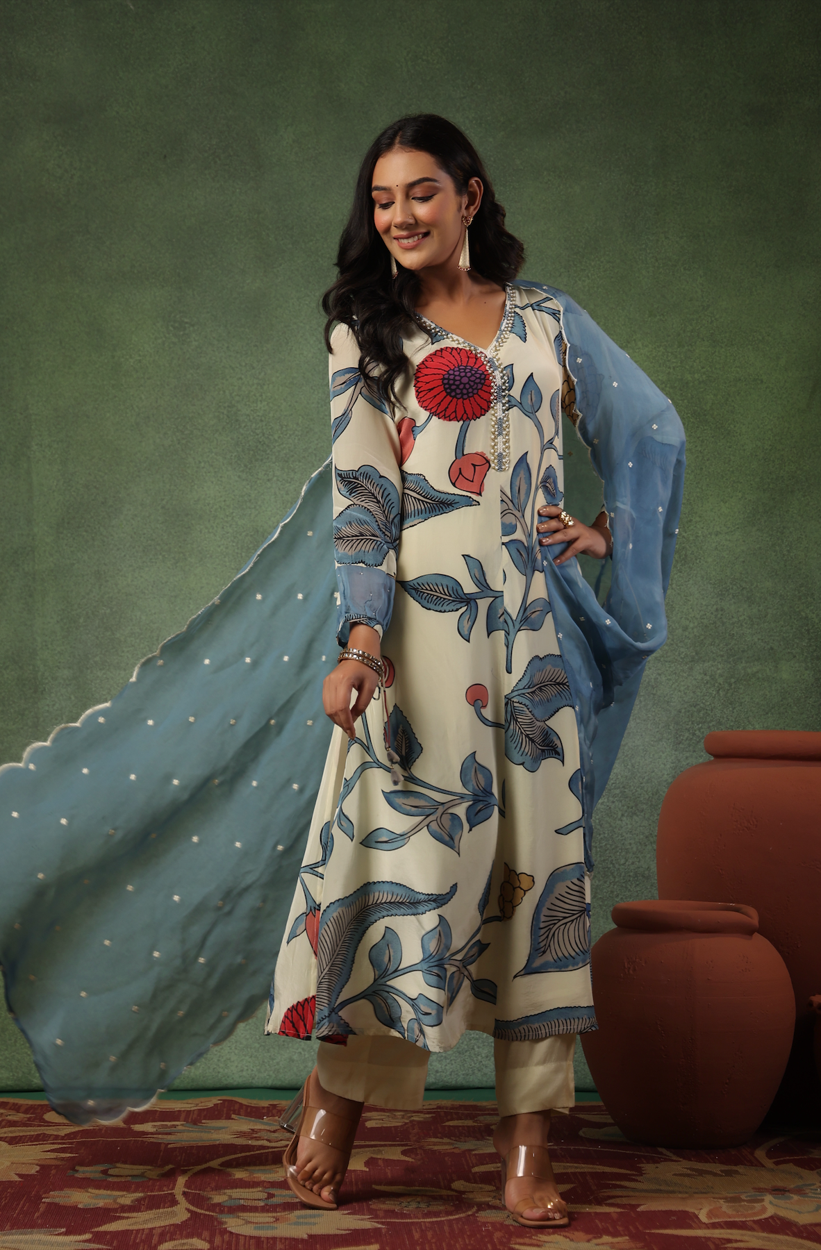 Cream Shades Of Blue Suit Set