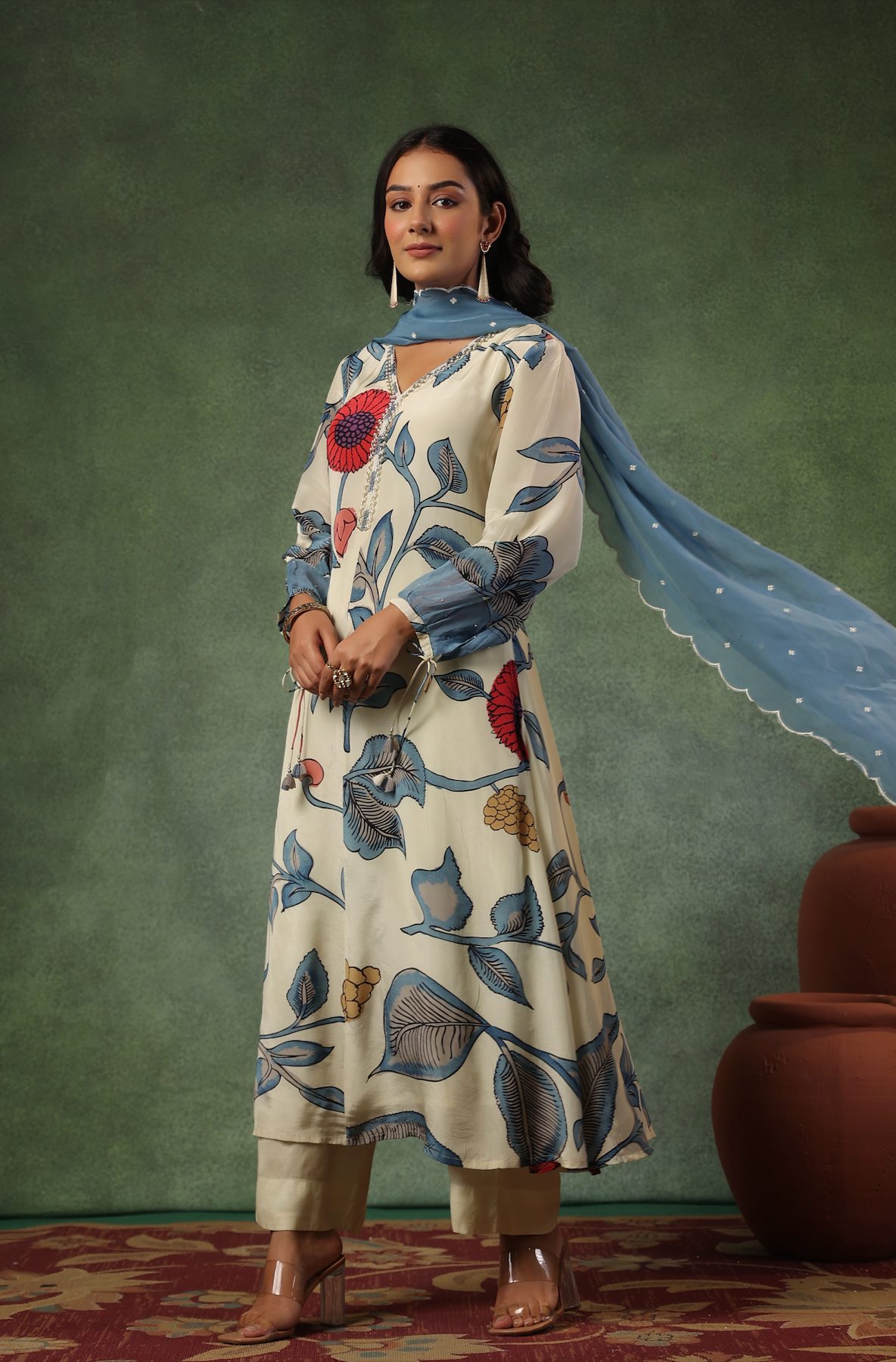 Cream Shades Of Blue Suit Set