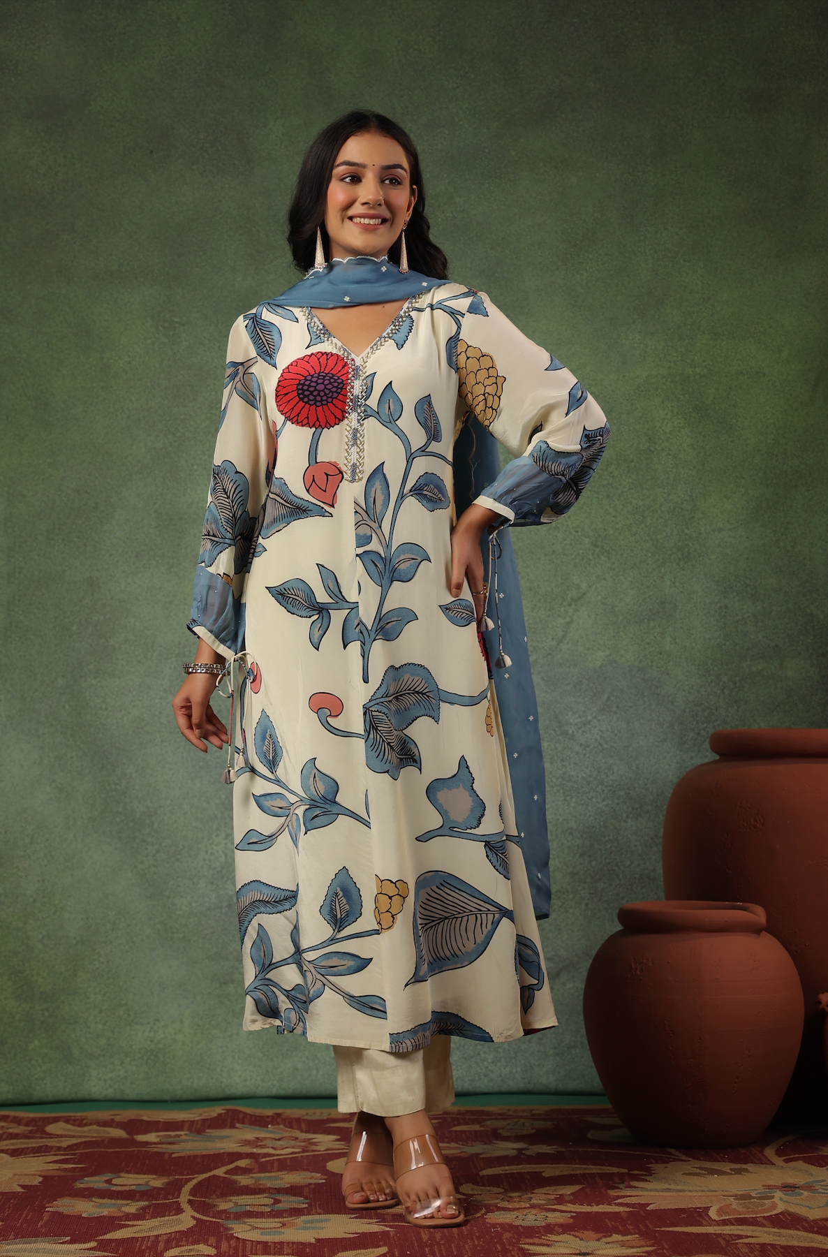Cream Shades Of Blue Suit Set