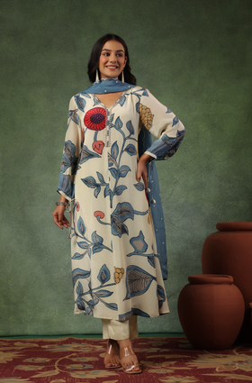 Cream Shades Of Blue Suit Set