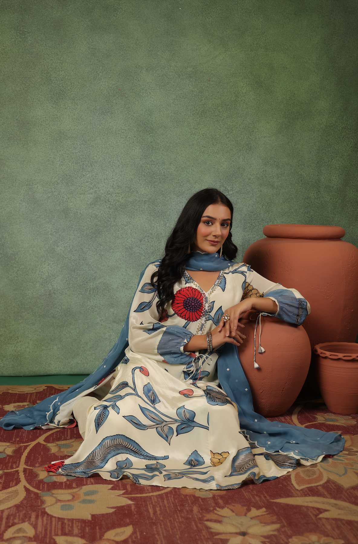 Cream Shades Of Blue Suit Set