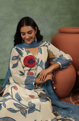 Cream Shades Of Blue Suit Set