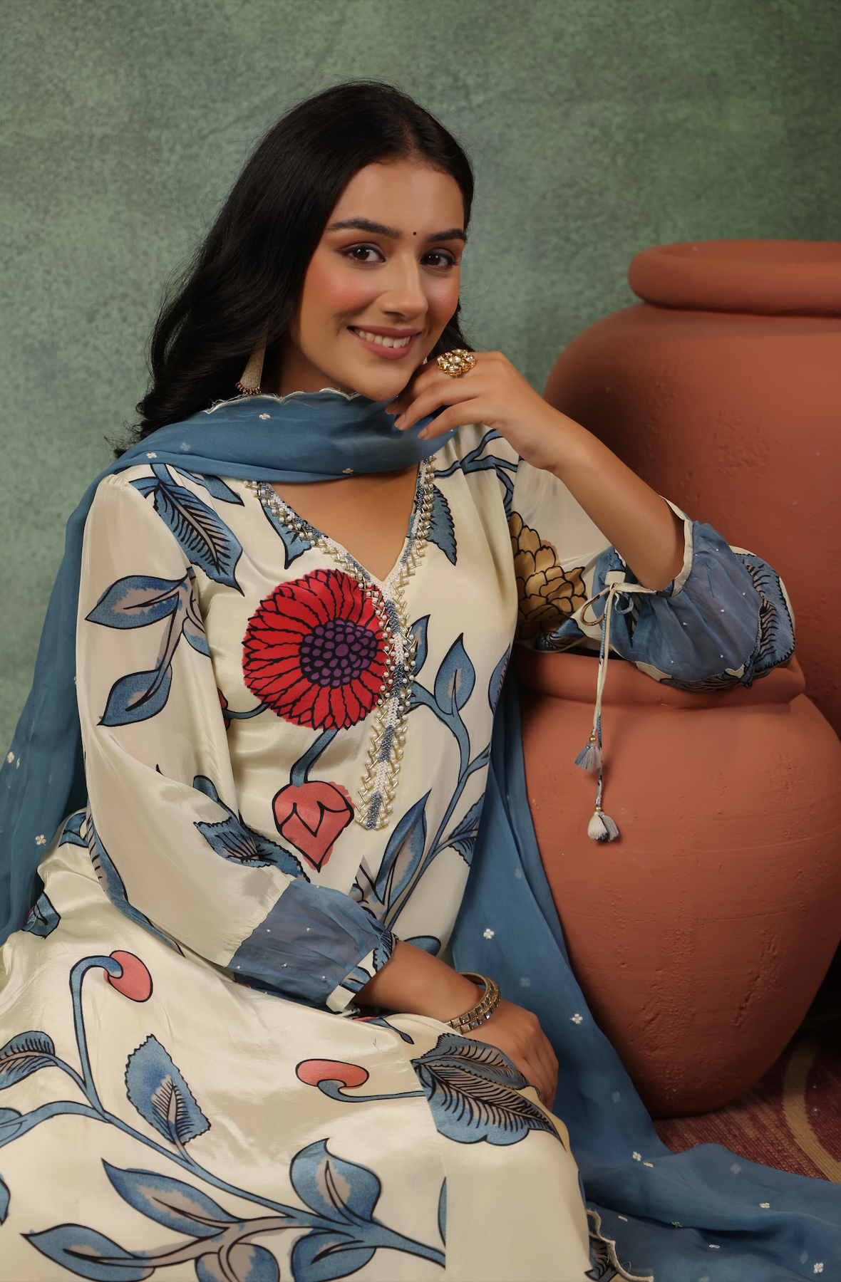 Cream Shades Of Blue Suit Set