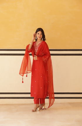 Regal Orange Silk Suit Set