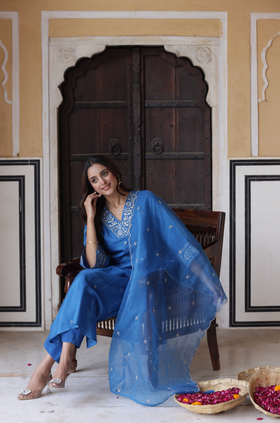 Azure Blue Silk Suit Set
