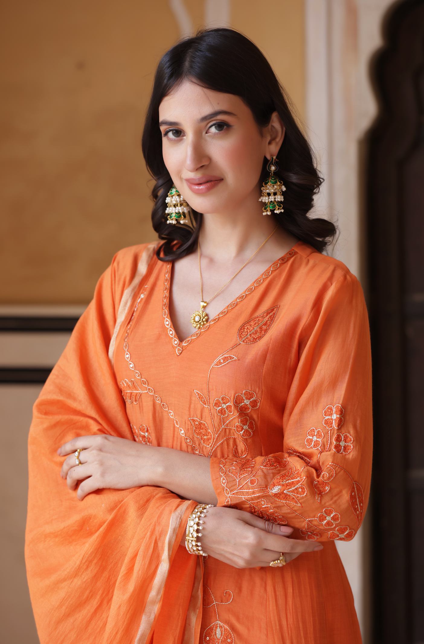 Orange Aura Chanderi Suit Set