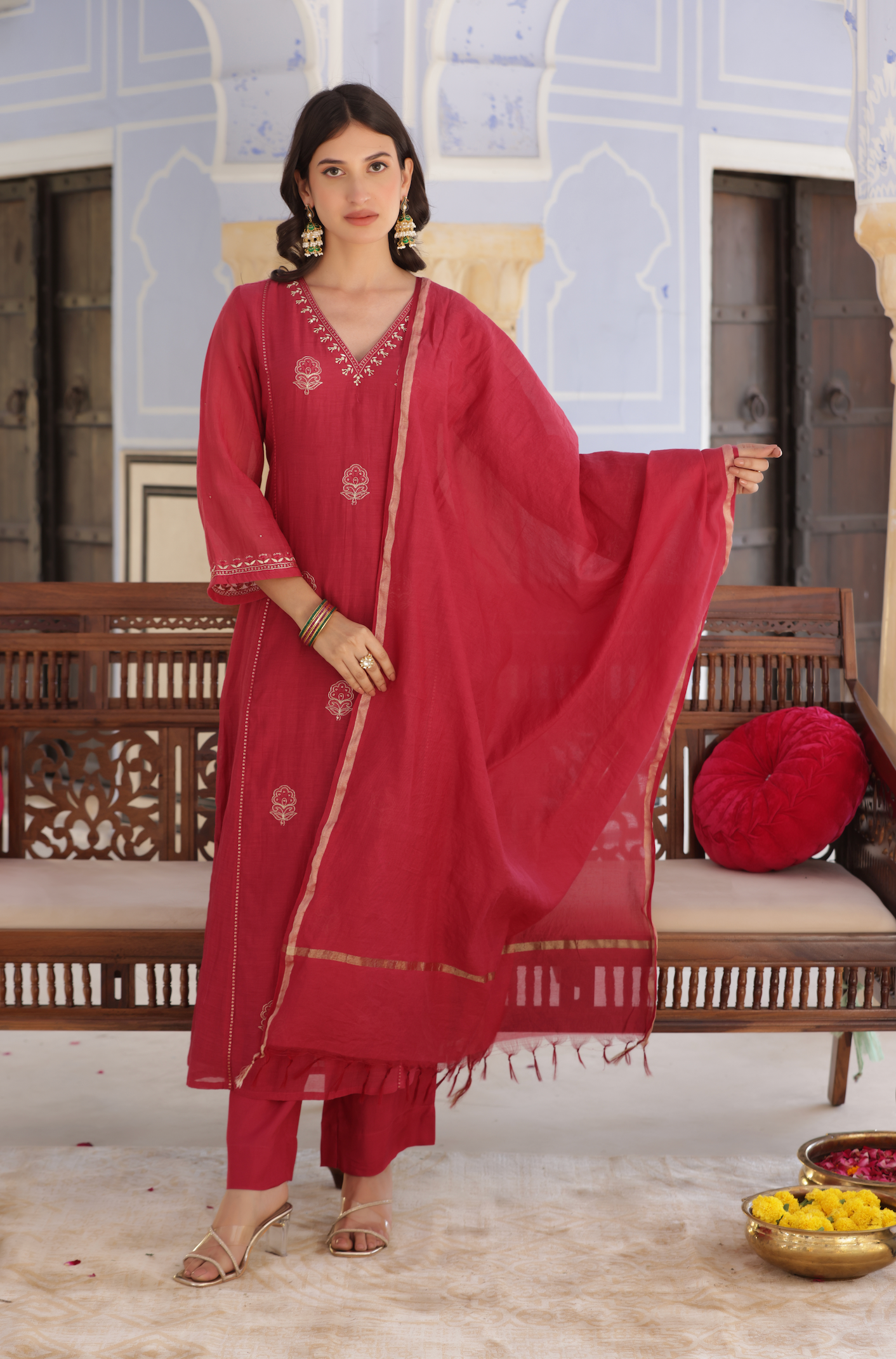 Rose Red Mul Chanderi Suit Set