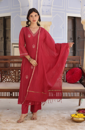 Rose Red Mul Chanderi Suit Set