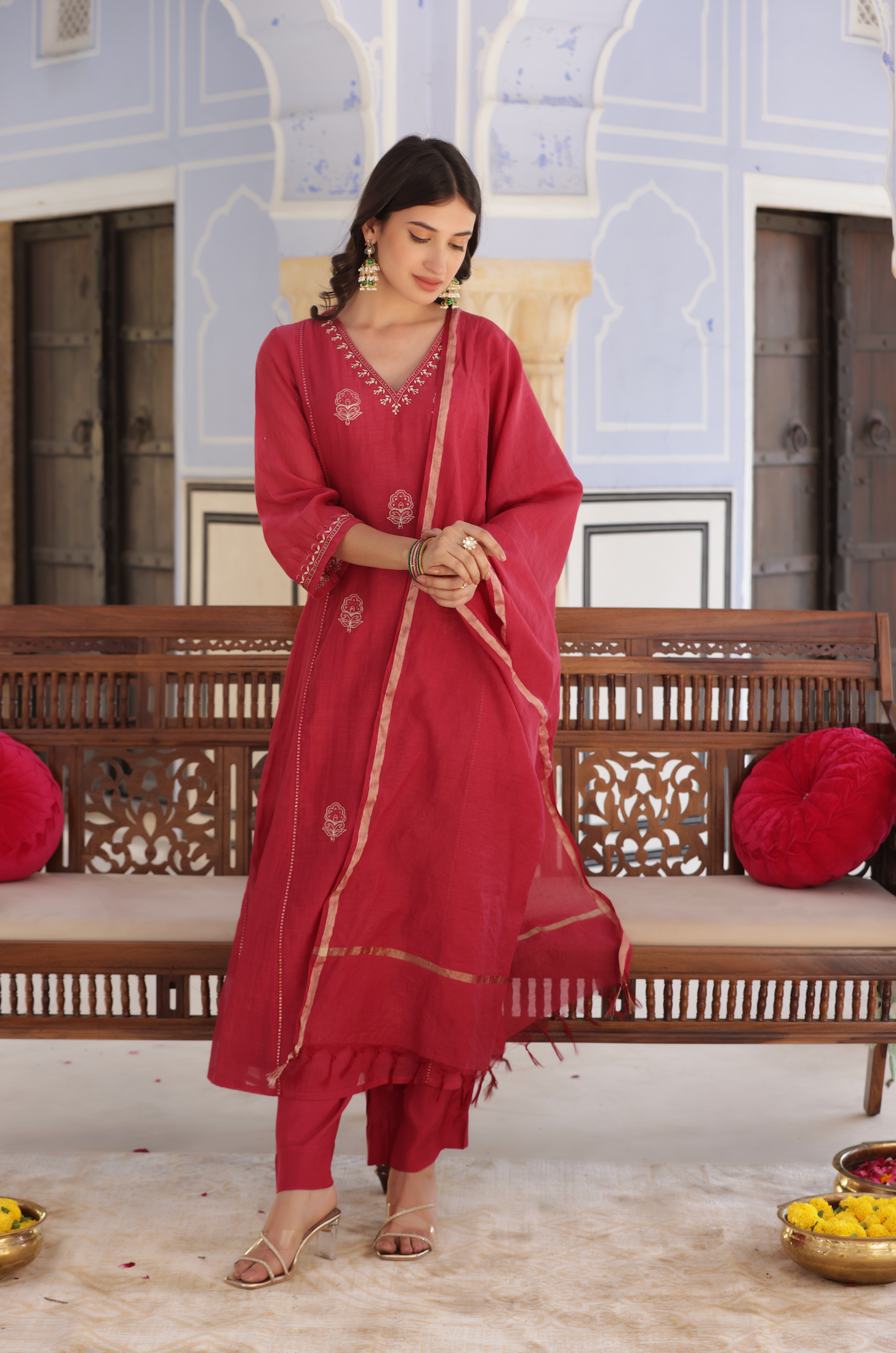 Rose Red Mul Chanderi Suit Set