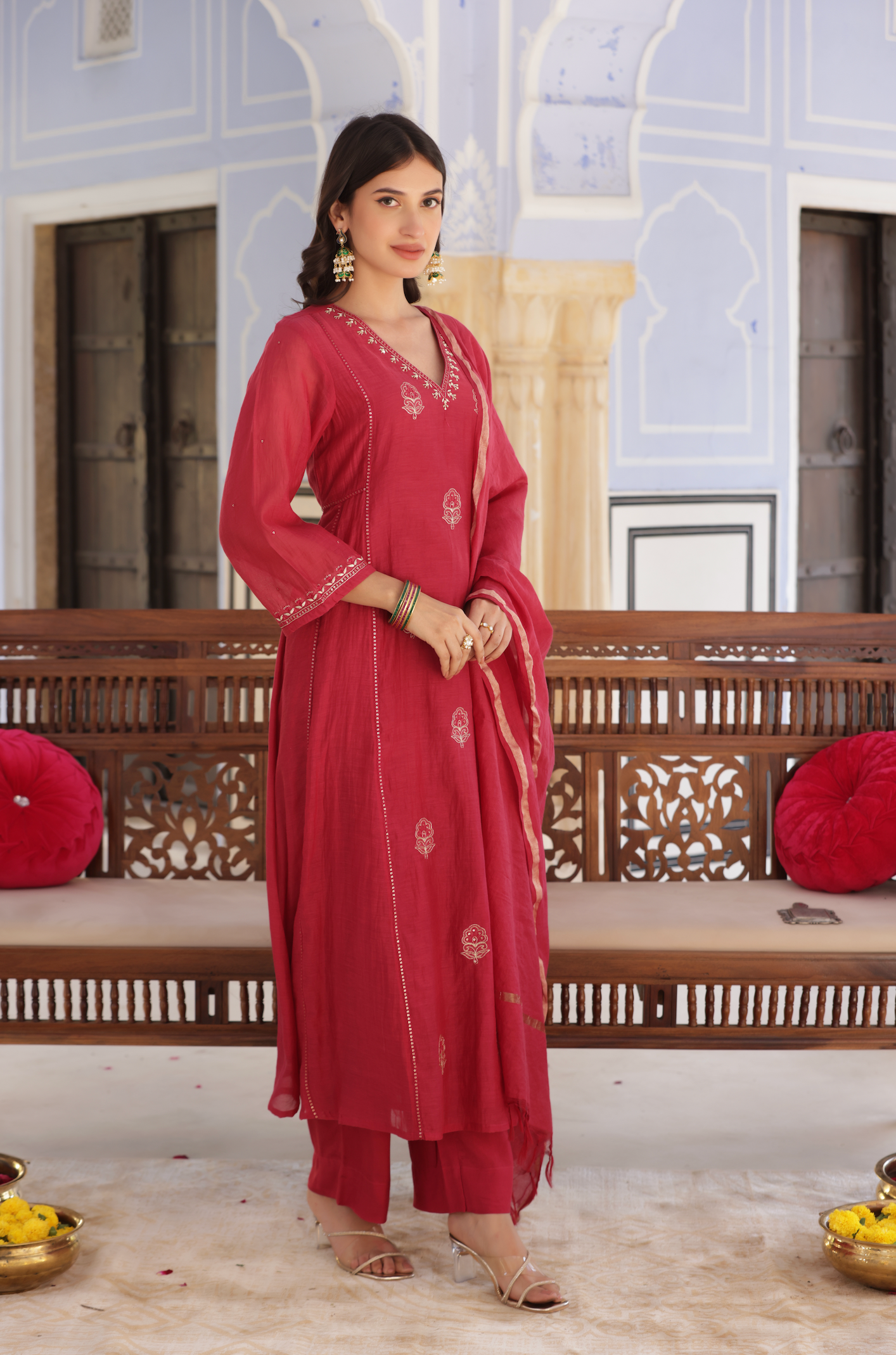 Rose Red Mul Chanderi Suit Set