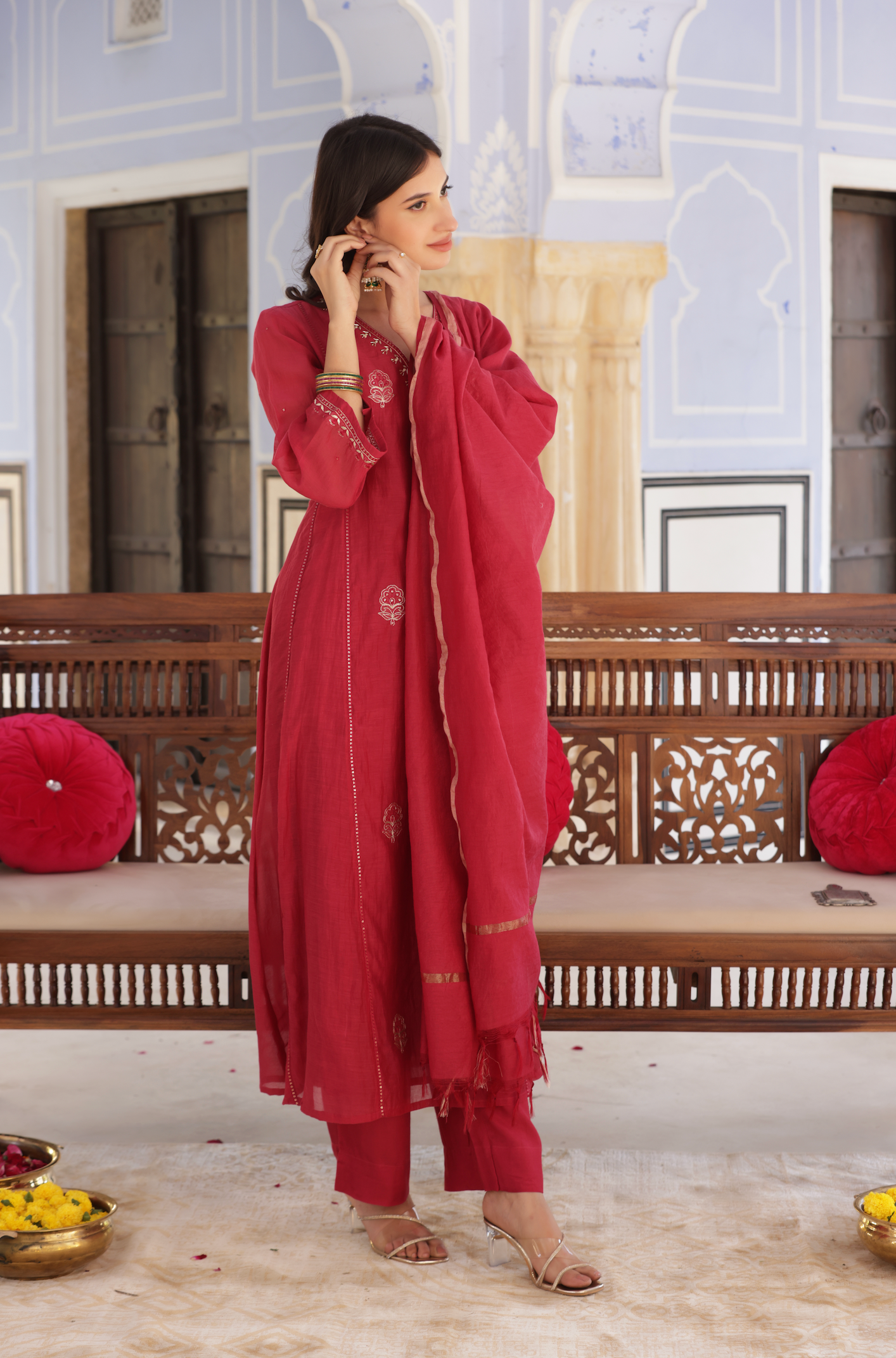 Rose Red Mul Chanderi Suit Set