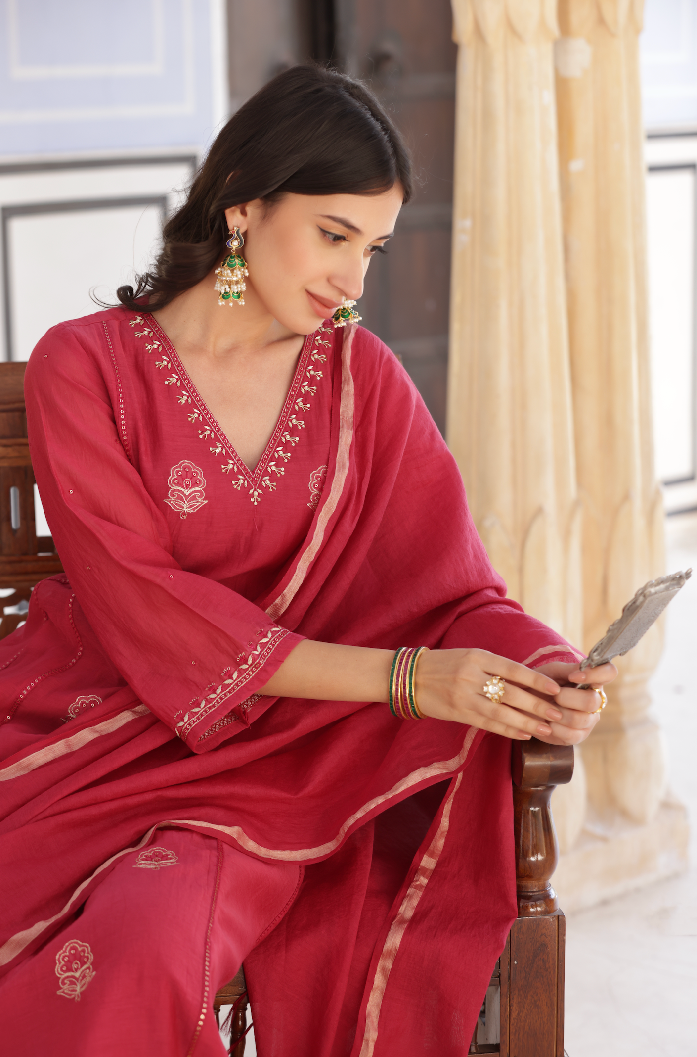 Rose Red Mul Chanderi Suit Set