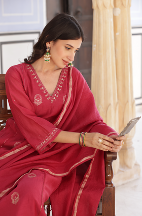 Rose Red Mul Chanderi Suit Set